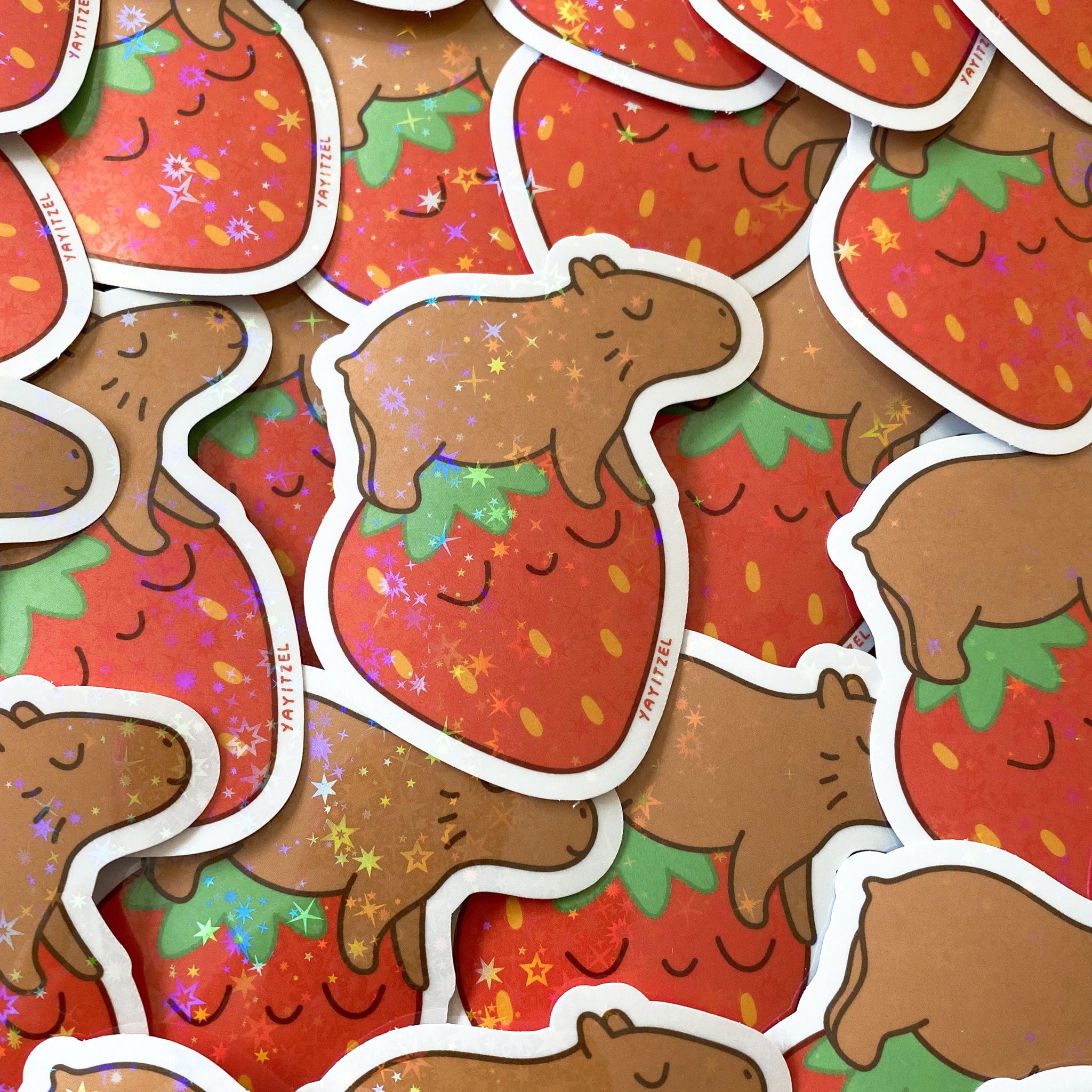 Strawberry Capybara Holo Sticker